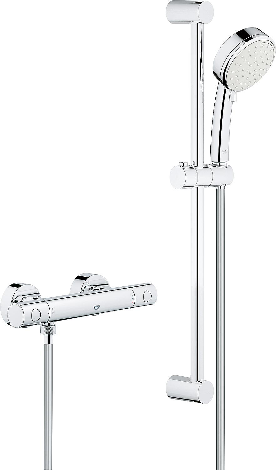 Grohe Grohtherm 800 C shower thermostat set with 900 mm shower rail, 100 mm hand shower and chrome shower hose