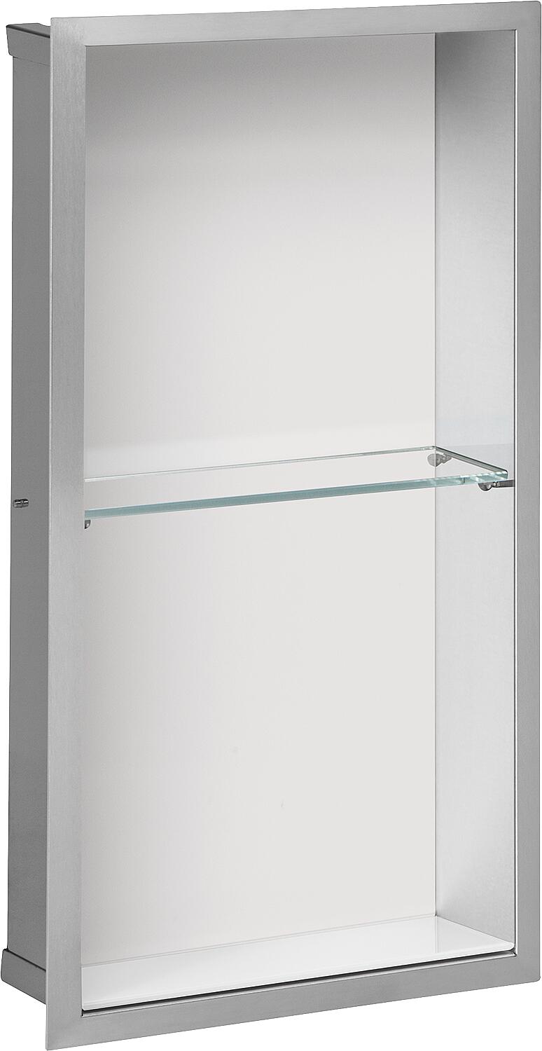 Niche murale à 2 compartiments L x H x P : 324 x 624 x 150 mm, panneau arrière en verre blanc
