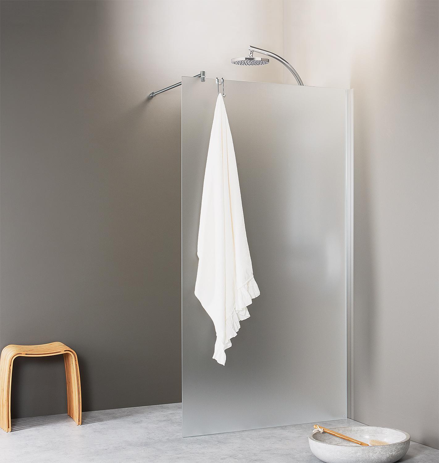 Eero walk-in glass shower enclosure with wall profile and round stabilizing bar, 1080x2000x8 mm, satin white glass, ETC