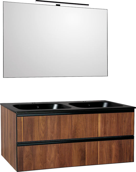 Ensemble de meubles de salle de bains Benaro en noyer avec vasque en céramique noire mate