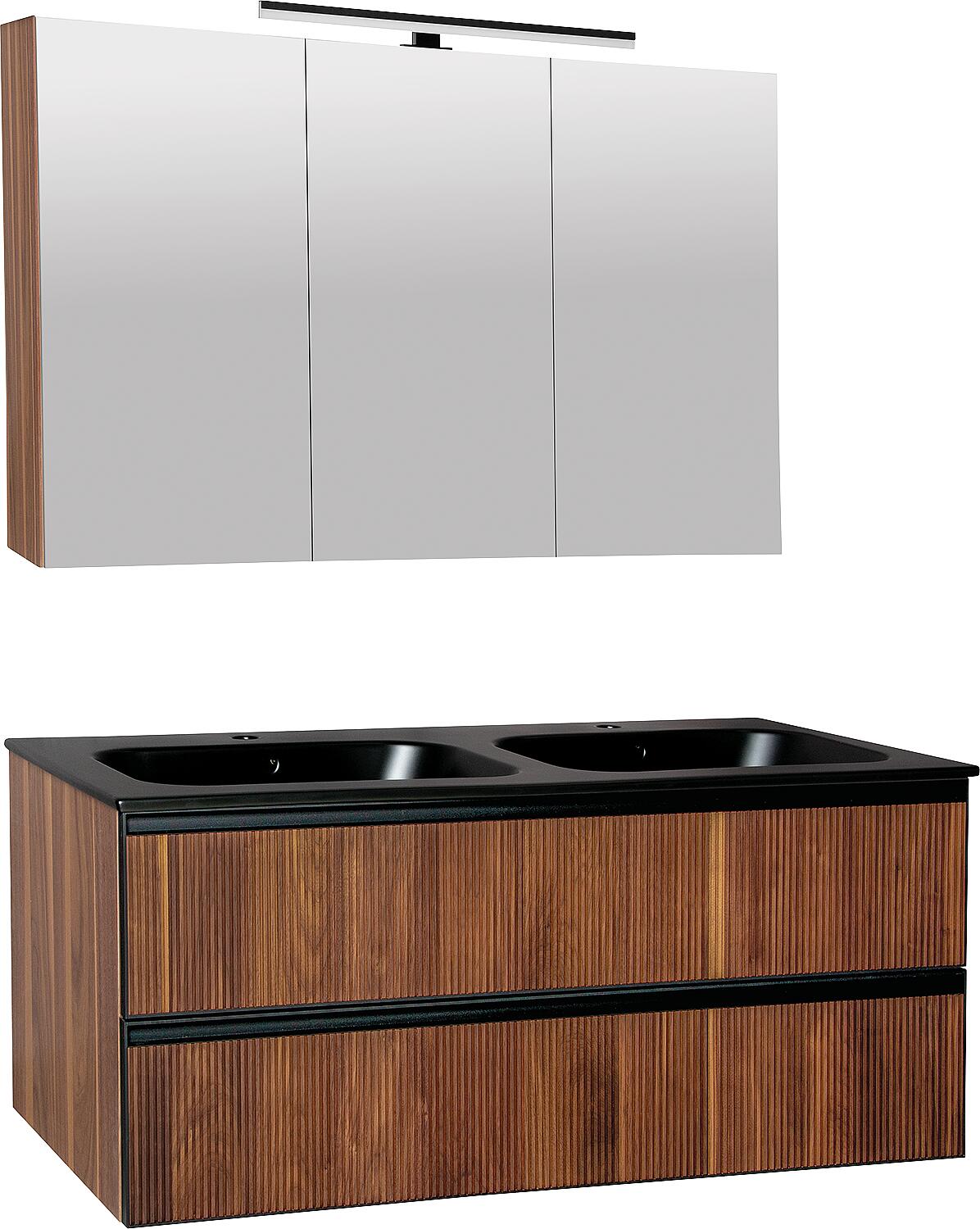 Ensemble de meubles de salle de bains Benaro en noyer avec vasque en céramique noire mate