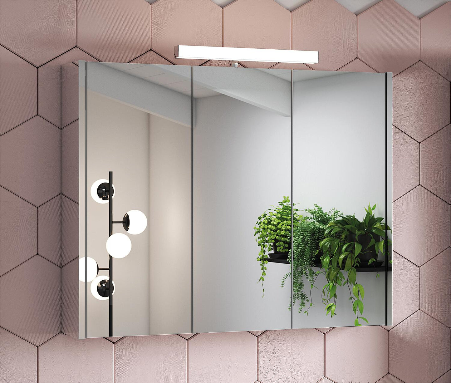 Vikja mirrored cabinet with LED lighting, 3 doors, mirrored sides, 900x700x155 mm