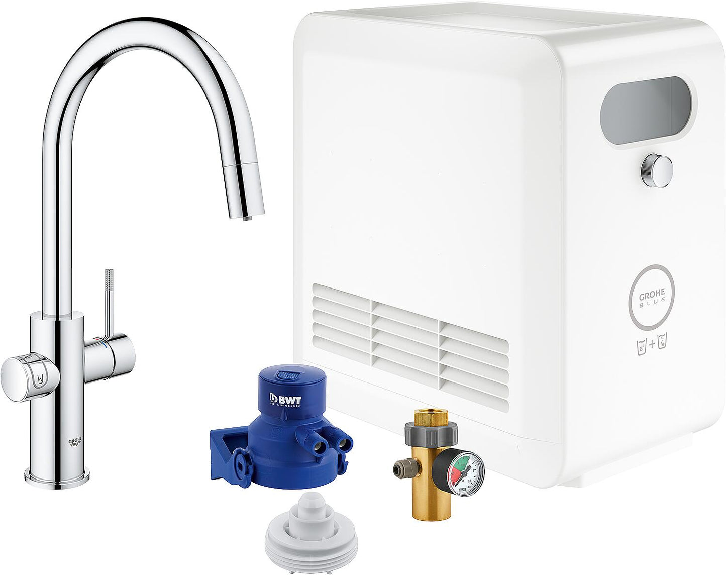Grohe Blue Professional Starter Kit kitchen mixer tap, pull-out C-spout, chrome with cooler
