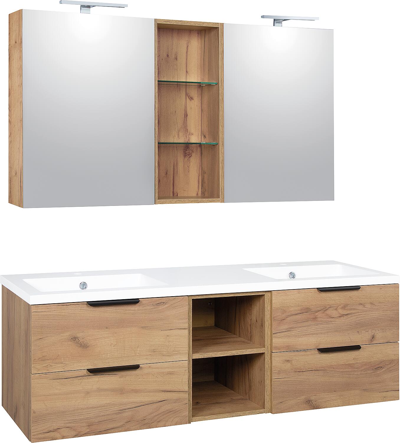 LOSSA bathroom furniture set with LED mirror cabinet, anthracite matt, 4 drawers + 2 open shelves, width 1550 mm
