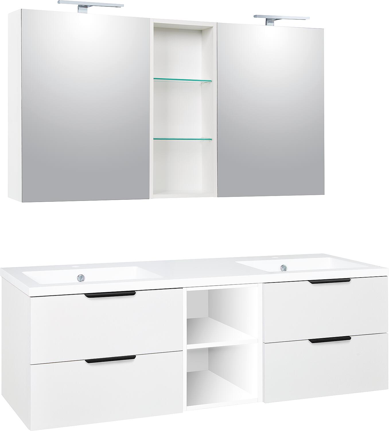 LOSSA bathroom furniture set with LED mirror cabinet, anthracite matt, 4 drawers + 2 open shelves, width 1550 mm