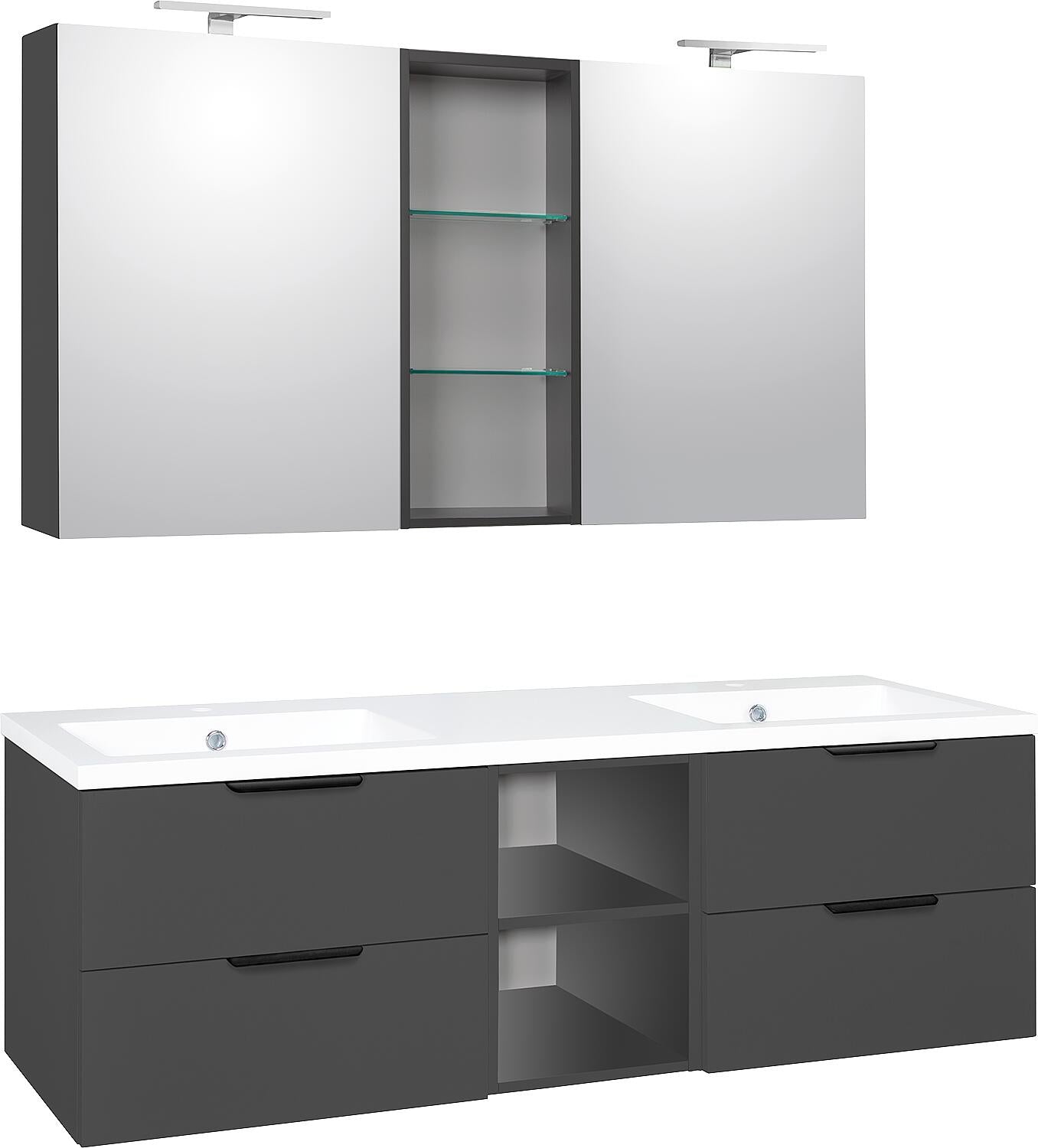 LOSSA bathroom furniture set with LED mirror cabinet, anthracite matt, 4 drawers + 2 open shelves, width 1550 mm