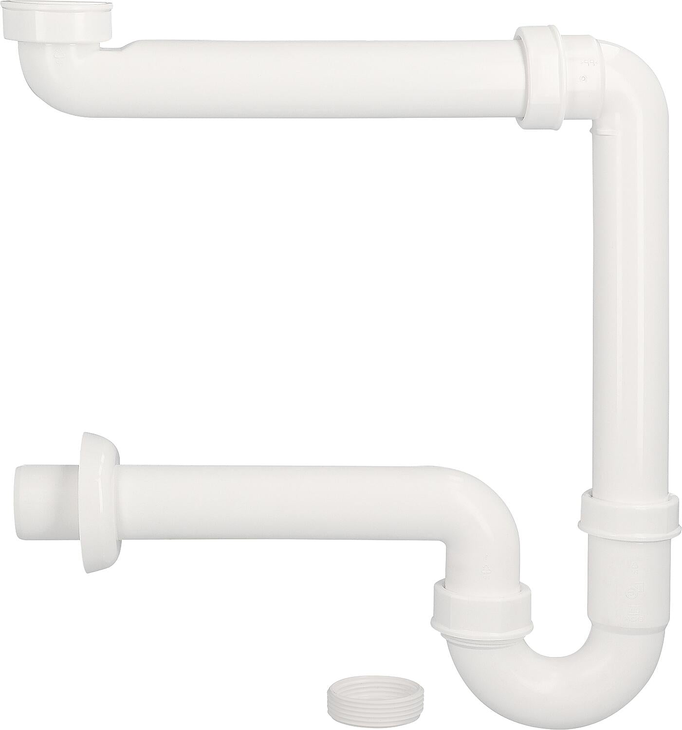 Siphon tubulaire en plastique blanc, peu encombrant, DN40 (1 1/2") x 40 mm, avec réducteur à DN 32 (1 1/4")