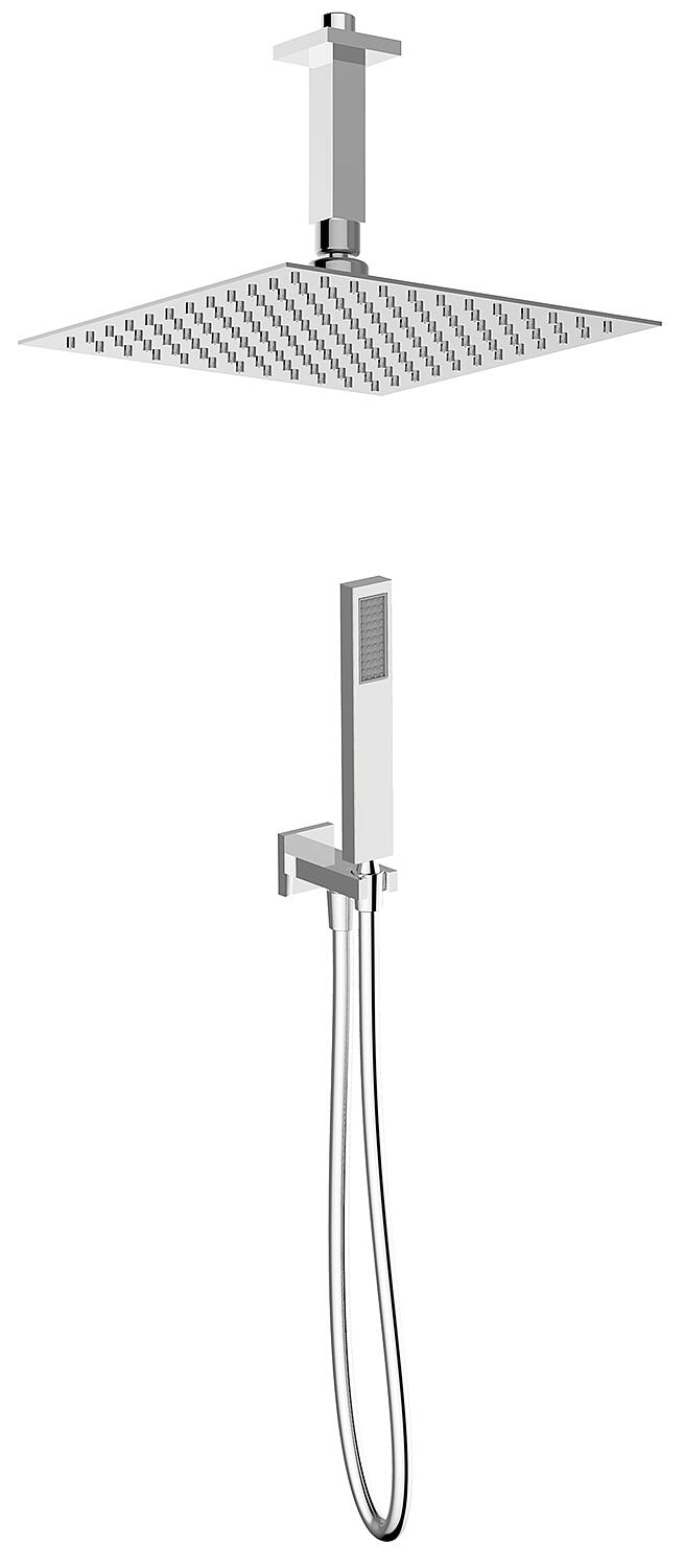 Xerias shower set with overhead and hand shower with square ceiling connection pipe