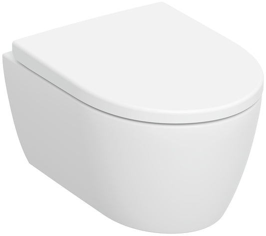 Geberit Icon wall-hung, deep-flush toilet combi-pack, shortened projection, white, rimless toilet seat, soft-close, quick-release