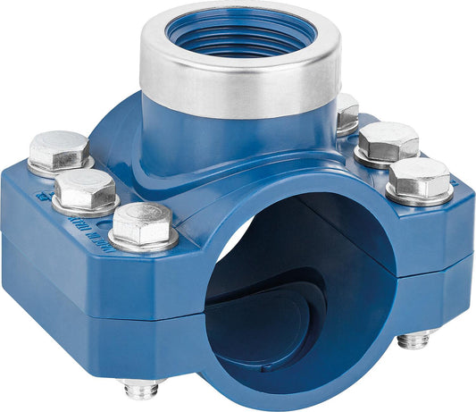 PE tapping saddle Ø50mm x DN32 (1 1/4") female thread, for PE pressure pipes