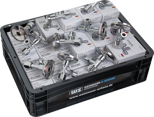 Eckventil Evenes, Messing verchromt, Vorteilspaket, selbstdichtend mit ELB, DN15 (1/2") inkl. WS-Box