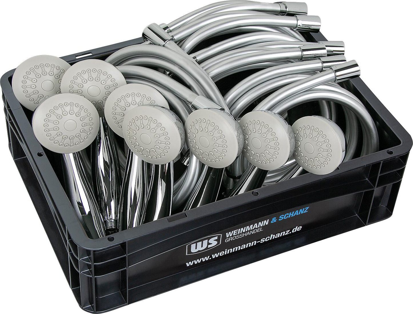 Shower set value pack consisting of 8x shower hoses 160cm and 8x Tetis Mono hand showers incl. WS box