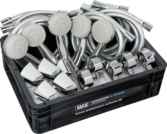 Ensemble de douche comprenant 5 flexibles de douche de 160 cm, 5 douchettes Tetis, 5 raccords muraux et 5 supports de douche. Boîte WS incluse.