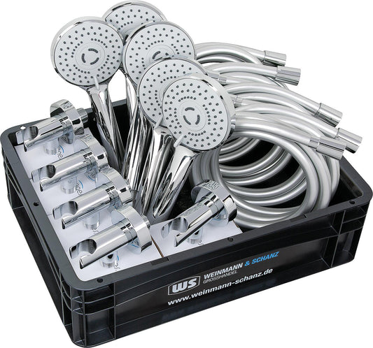 Ensemble de douche comprenant 5 flexibles de douche de 160 cm, 5 coudes de raccordement mural et 5 douchettes Suprema, avec boîte WS.