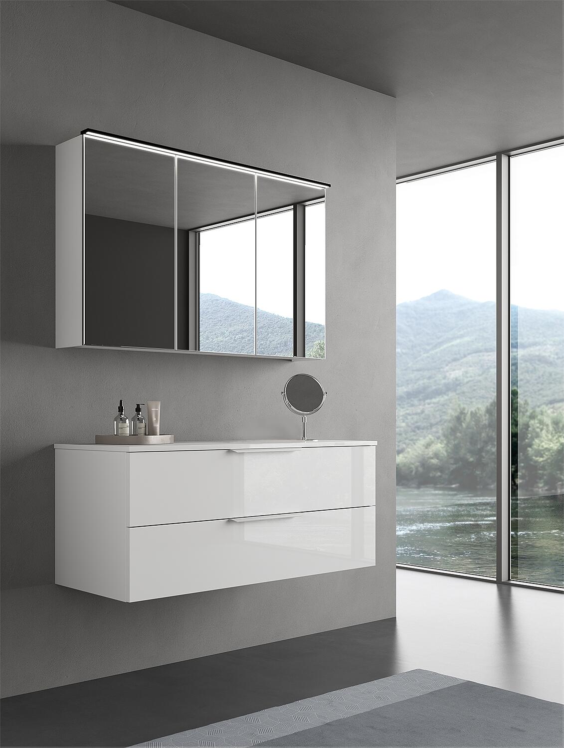 LOSSA bathroom furniture set with LED mirror cabinet, Cortina knotty oak, 2 drawers, 1 siphon cutout, without washbasin, width 1200 mm