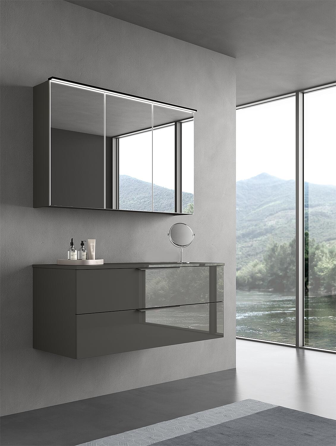 LOSSA bathroom furniture set with LED mirror cabinet, Cortina knotty oak, 2 drawers, 1 siphon cutout, without washbasin, width 1200 mm