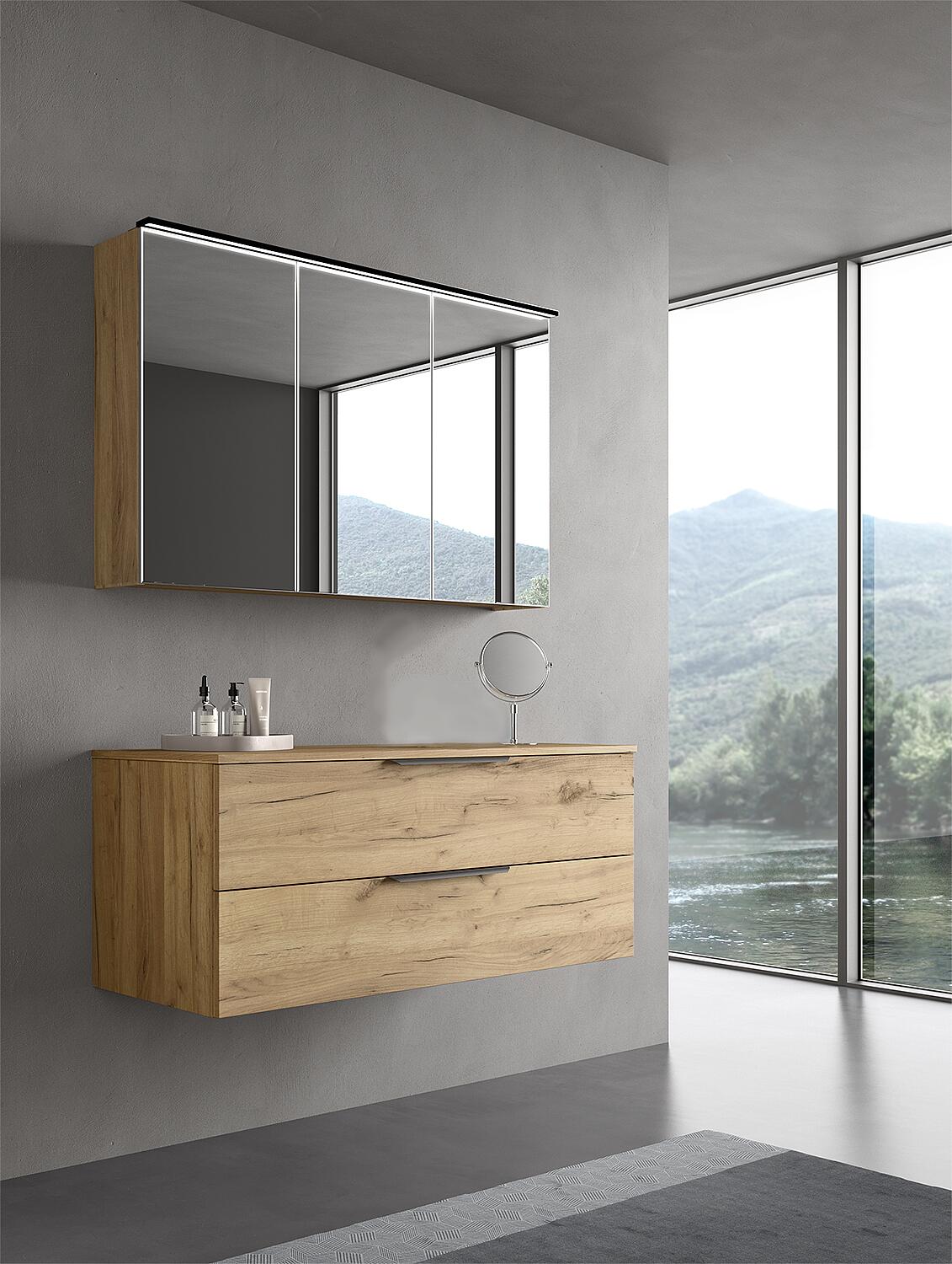 LOSSA bathroom furniture set with LED mirror cabinet, Cortina knotty oak, 2 drawers, 1 siphon cutout, without washbasin, width 1200 mm