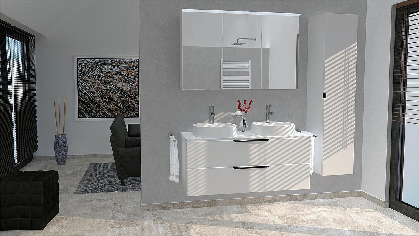 LOSSA bathroom furniture set with LED mirror cabinet, Cortina knotty oak, 2 drawers, 2 siphon cutouts, without washbasin, width 1200 mm