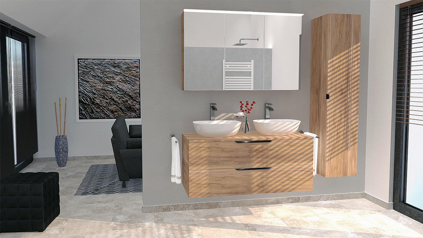LOSSA bathroom furniture set with LED mirror cabinet, Cortina knotty oak, 2 drawers, 2 siphon cutouts, without washbasin, width 1200 mm