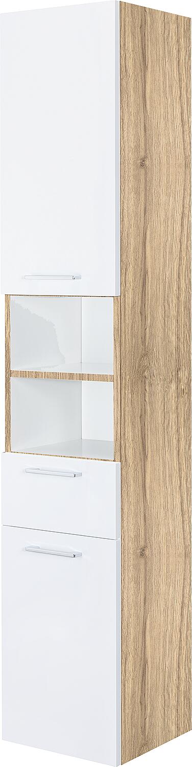 ESTRA tall cabinet, 2 doors, 1 drawer, white, high-gloss, hinged on the left, 350x1850x370 mm