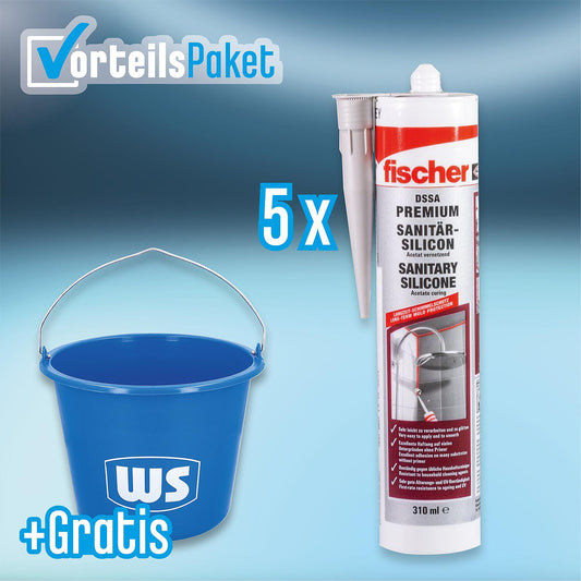 Vorteilspaket: Fischer Sanitärsilikon transparent, 5 Stück à 310 ml + Gratis WS-Baueimer