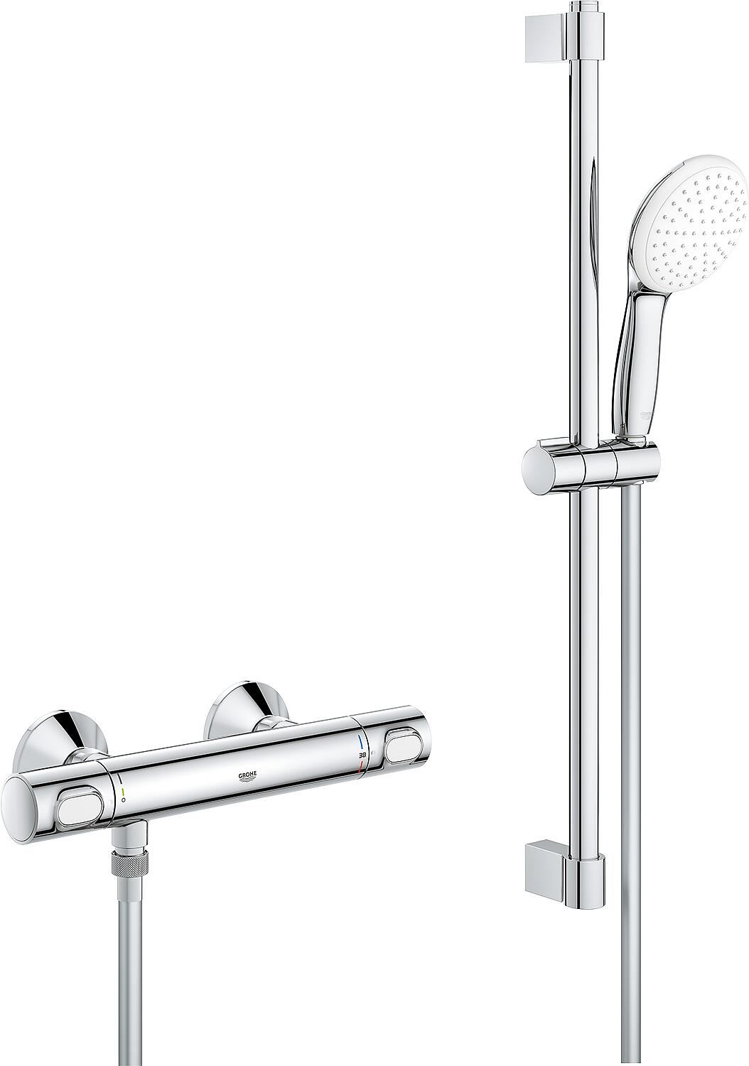 Grohe Grohtherm 500 shower thermostat set, 900 mm shower rail, 110 mm diameter hand shower and chrome shower hose
