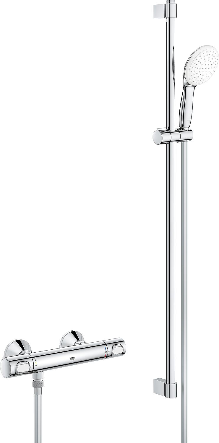 Grohe Grohtherm 500 shower thermostat set, 900 mm shower rail, 110 mm diameter hand shower and chrome shower hose
