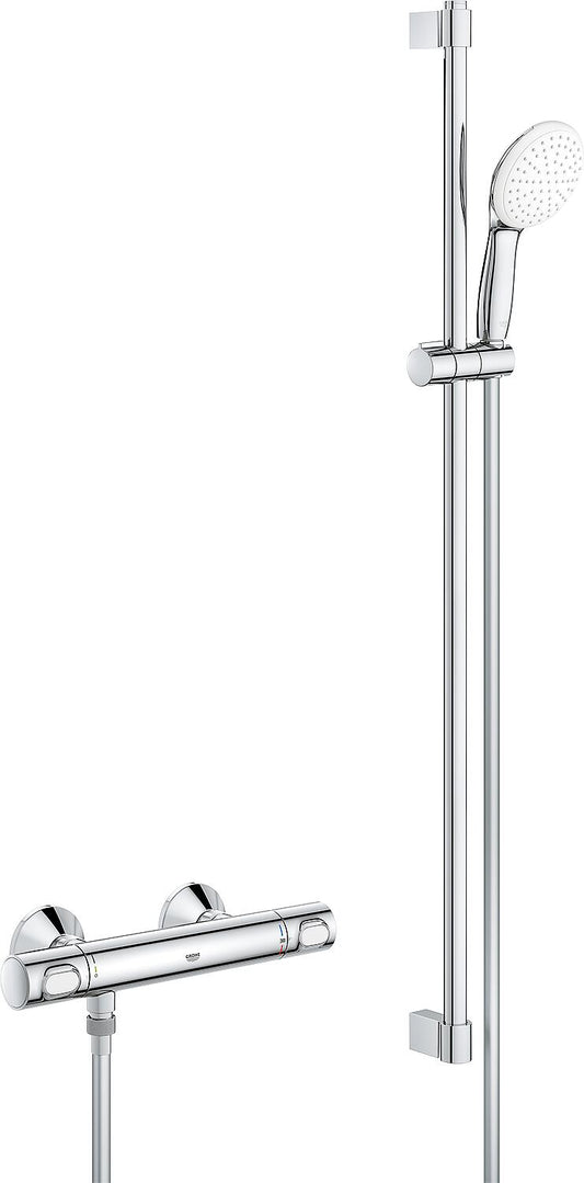 Grohe Grohtherm 500 shower thermostat set, 900 mm shower rail, 110 mm diameter hand shower and chrome shower hose
