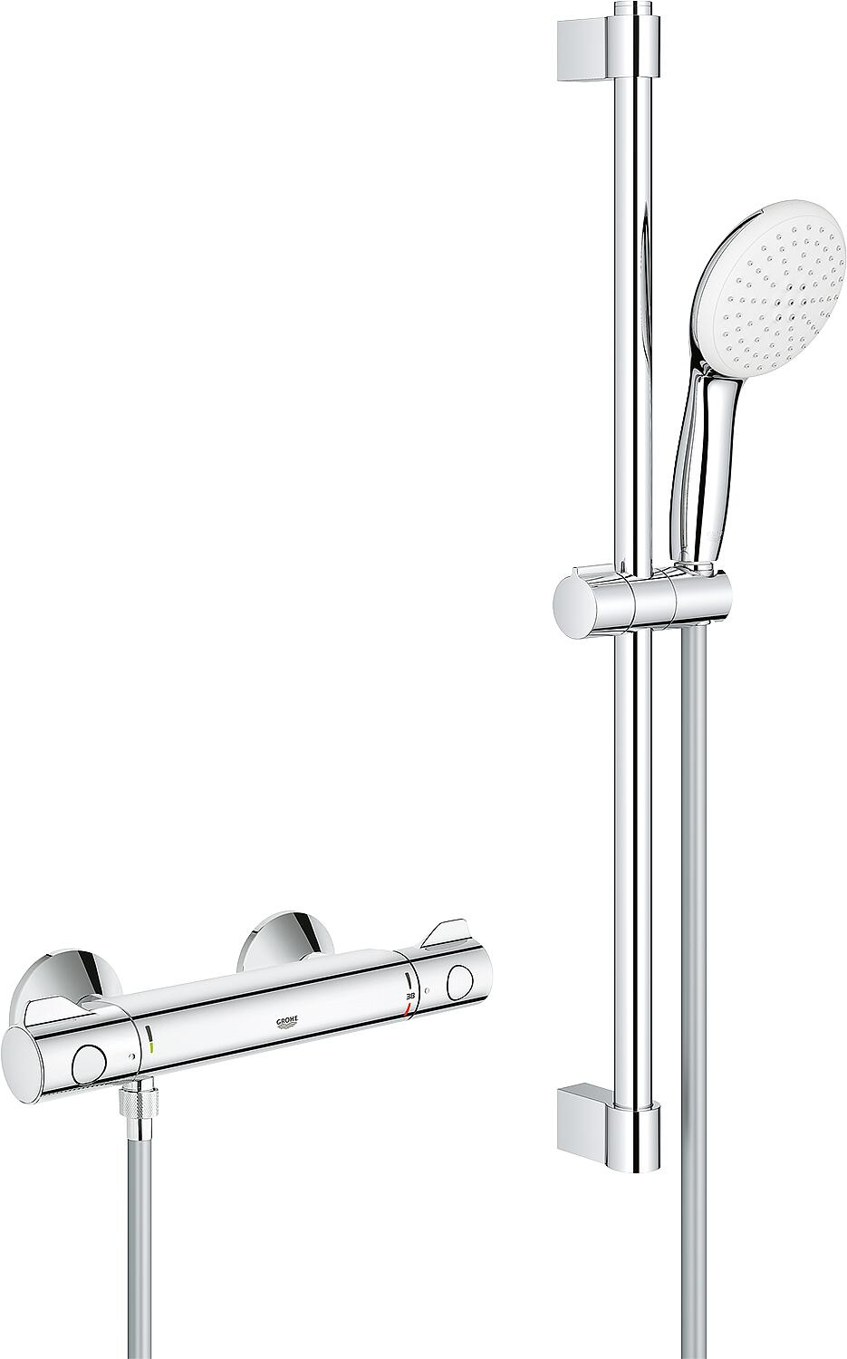 Grohe Grohtherm 800 shower thermostat set with 900 mm shower rail, 110 mm hand shower and chrome shower hose