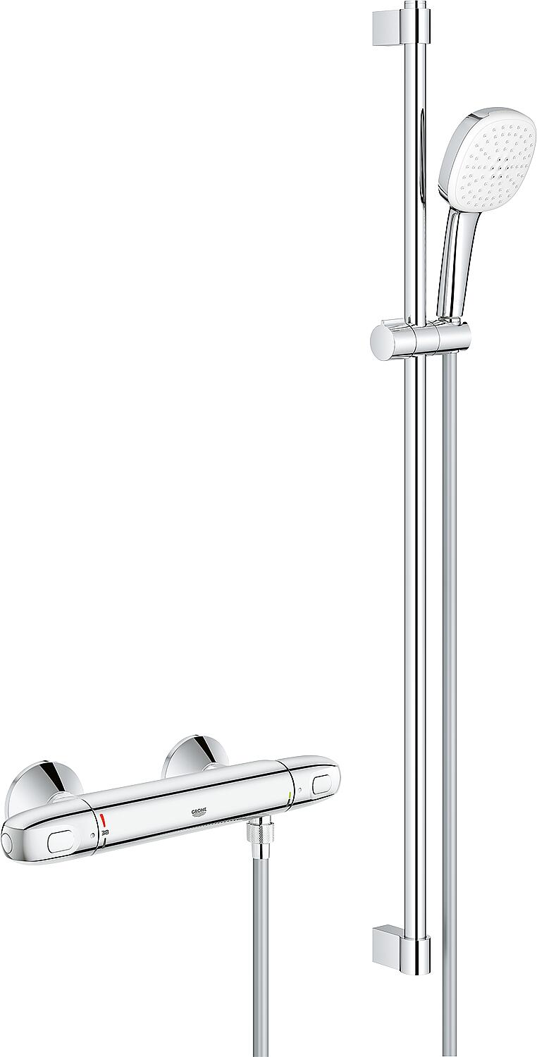 Grohe Grohtherm 1000 shower thermostat set with 900 mm shower rail, Cube hand shower Ø 110 mm and chrome shower hose