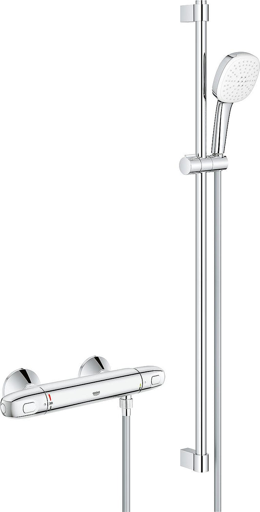 Grohe Grohtherm 1000 shower thermostat set with 900 mm shower rail, Cube hand shower Ø 110 mm and chrome shower hose