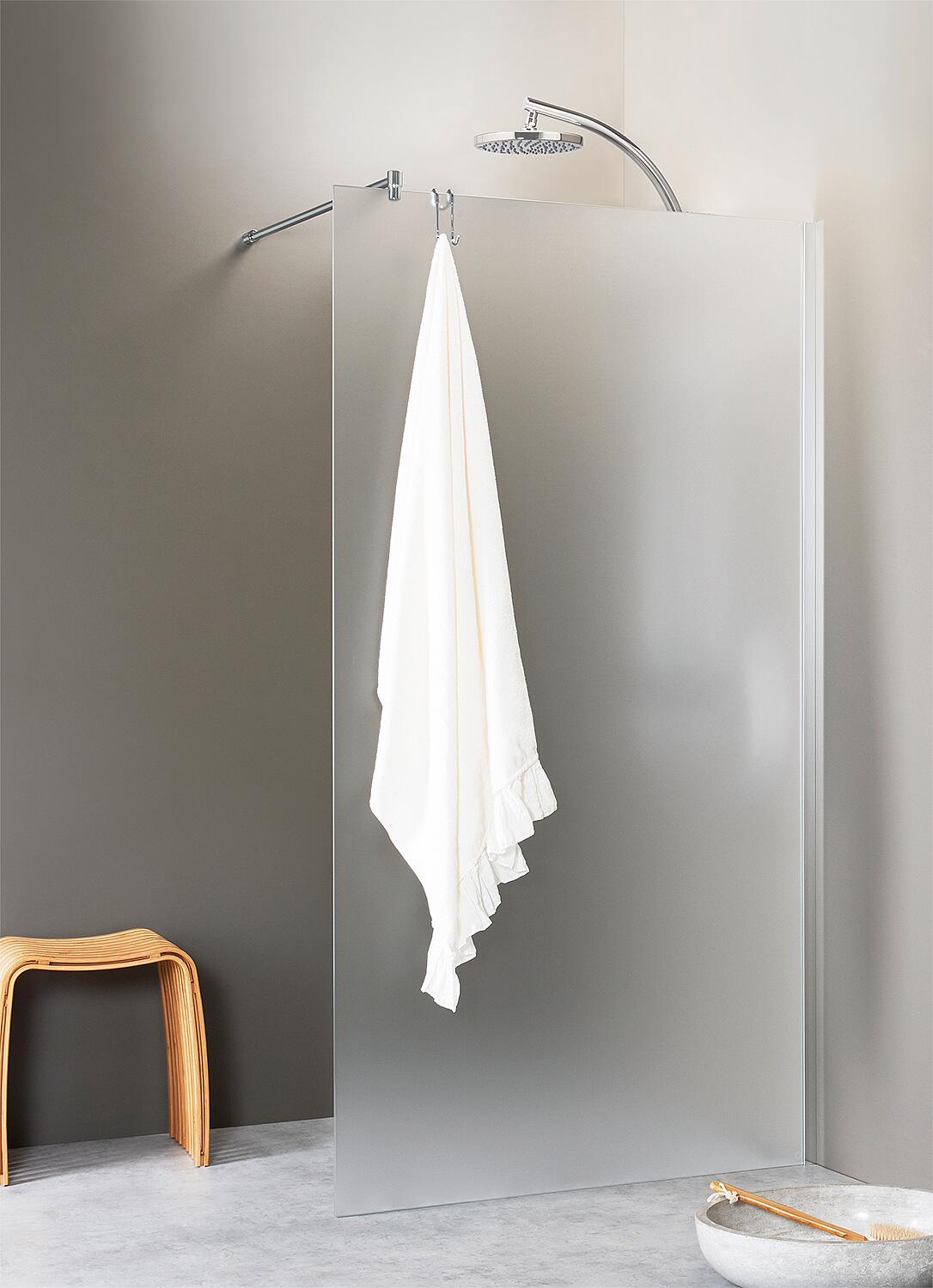 Walk-in glass shower screen Ebia 2.0 with profile and stabilizing strip, round, 1580 x 2000 x 8 mm, screen-printed, full-surface tempered safety glass with ETC