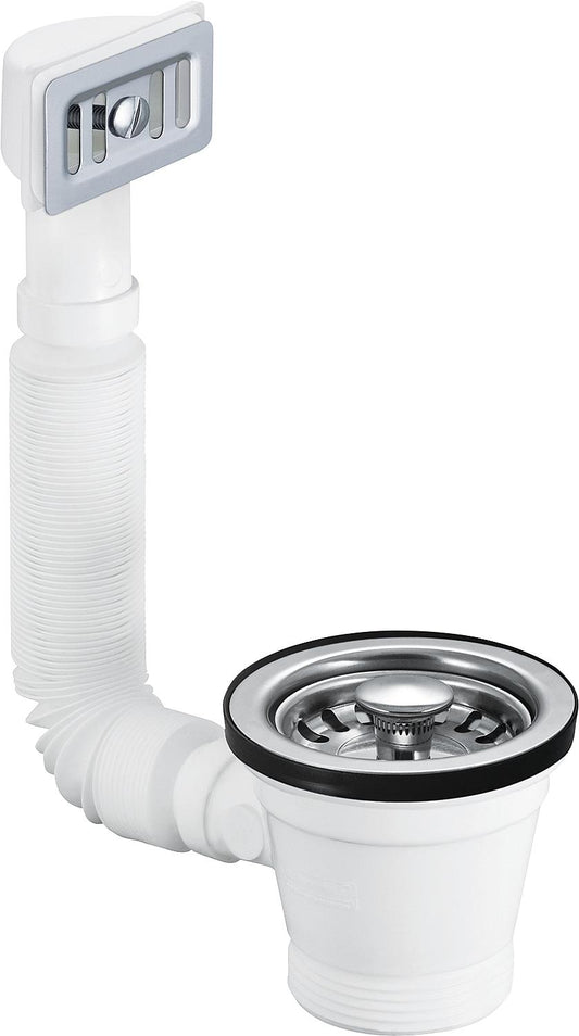 Robinet d'évier avec trop-plein flexible, 1 1/2" x 70 mm, crépine, acier inoxydable, rectangulaire.