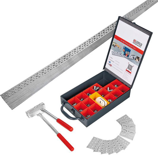 Coffret Leifeld contenant 20,8 m de rail, une pince à cintrer, des plaques de fixation, des isolateurs phoniques, 301 pièces