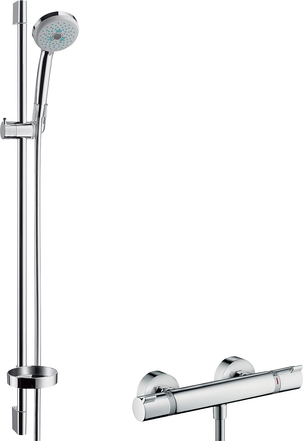 Hansgrohe Croma 100 shower thermostat set, 900 mm shower rail, 100 mm hand shower and chrome shower hose