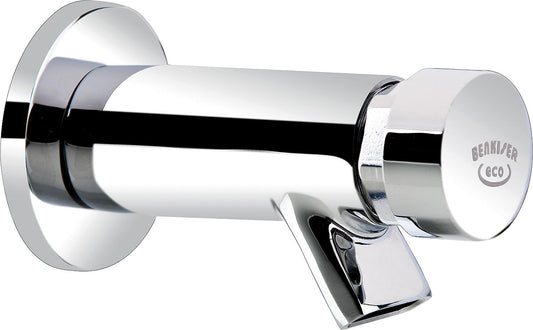 Benkiser self-closing wall valve for cold or mixed water, 92 mm projection with surge outlet
