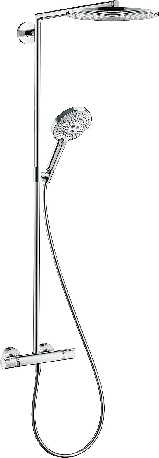 Hansgrohe Raindance Select shower system: hand shower, 300 mm diameter overhead shower and chrome thermostat