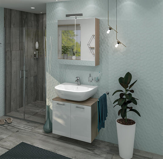 Ensemble de meubles de salle de bains série ESTRA MAA mélèze et blanc laqué brillant sans armoires latérales