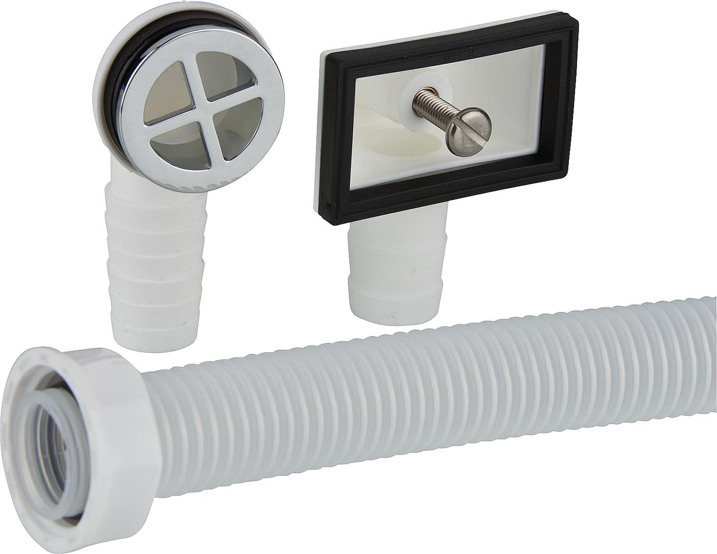 Kit de trop-plein composé d'un tuyau de 25 x 400 mm et de raccords ronds et carrés.
