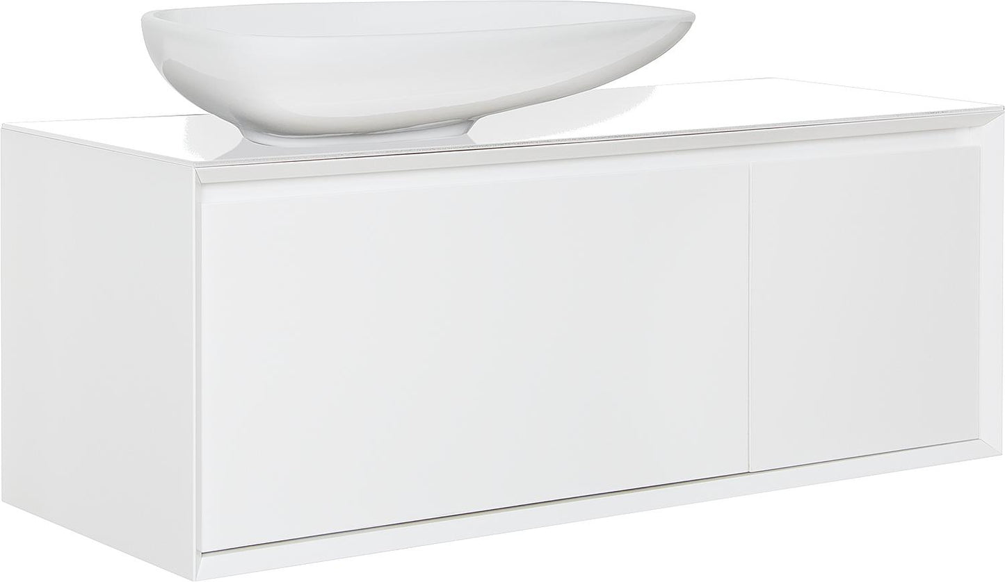 Meuble de rangement WTU+Ceramic WT EKIRA à 2 tiroirs, blanc brillant, étagère en verre blanc, 1090 x 546 x 460 mm