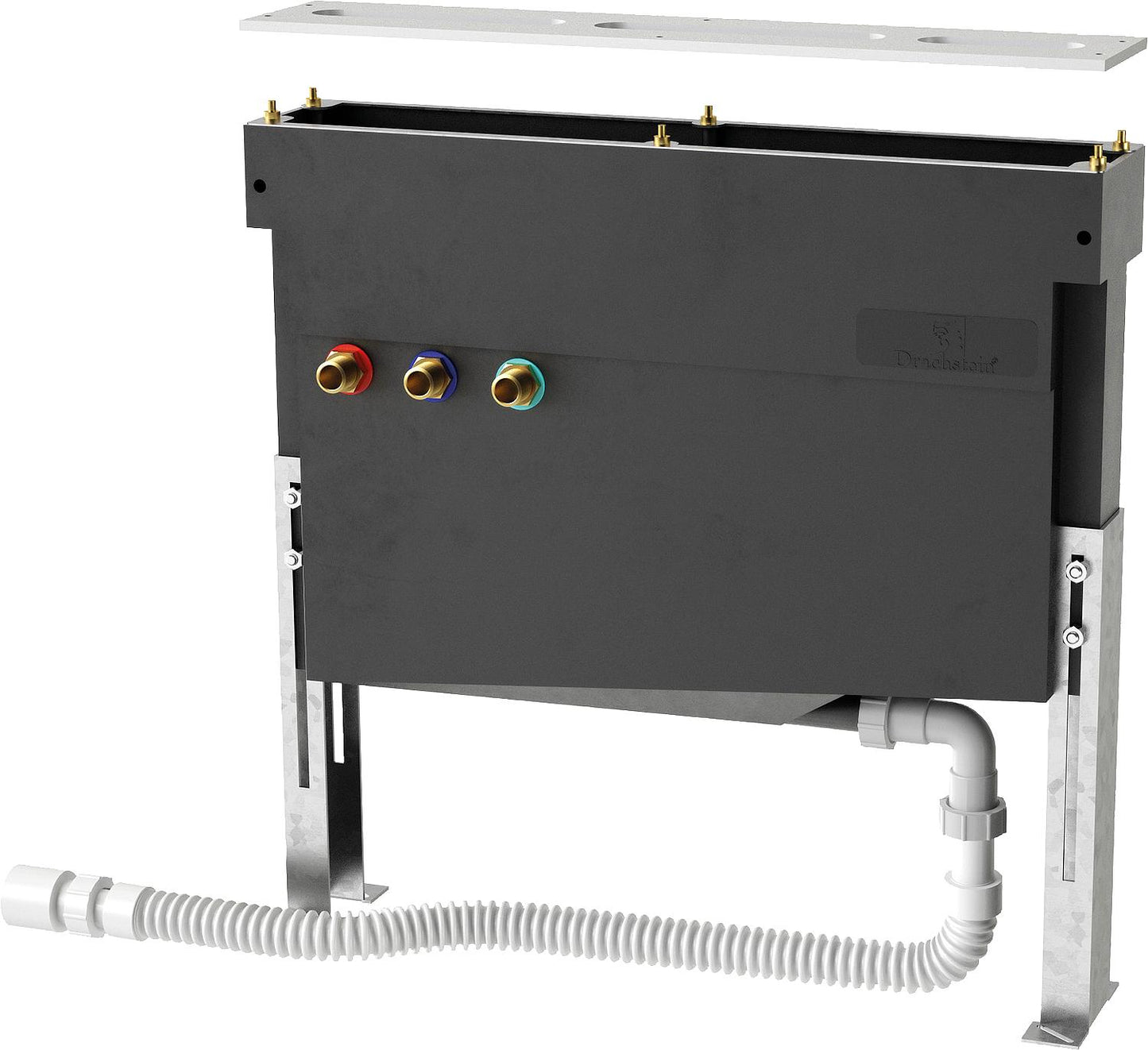 Mounting frame for 3-5 hole tile edge mounting with hose box + fitting support plate