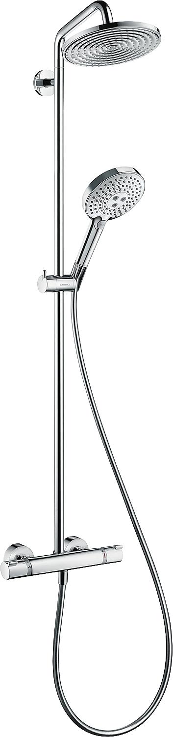 Hansgrohe Raindance Select shower system: hand shower, 240 mm diameter overhead shower and chrome thermostat