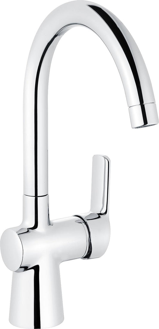 Heinrichschulte Ascona basin mixer with swivel spout, 180 mm projection, chrome finish and click-stop waste.