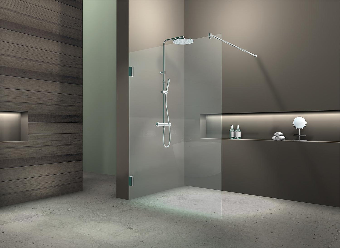 Walk-In Glasduschwand Eloqui mit Wandbeschlägen + Stabi.-Stange rund 1580x2000x8 mm ESG mit ETC