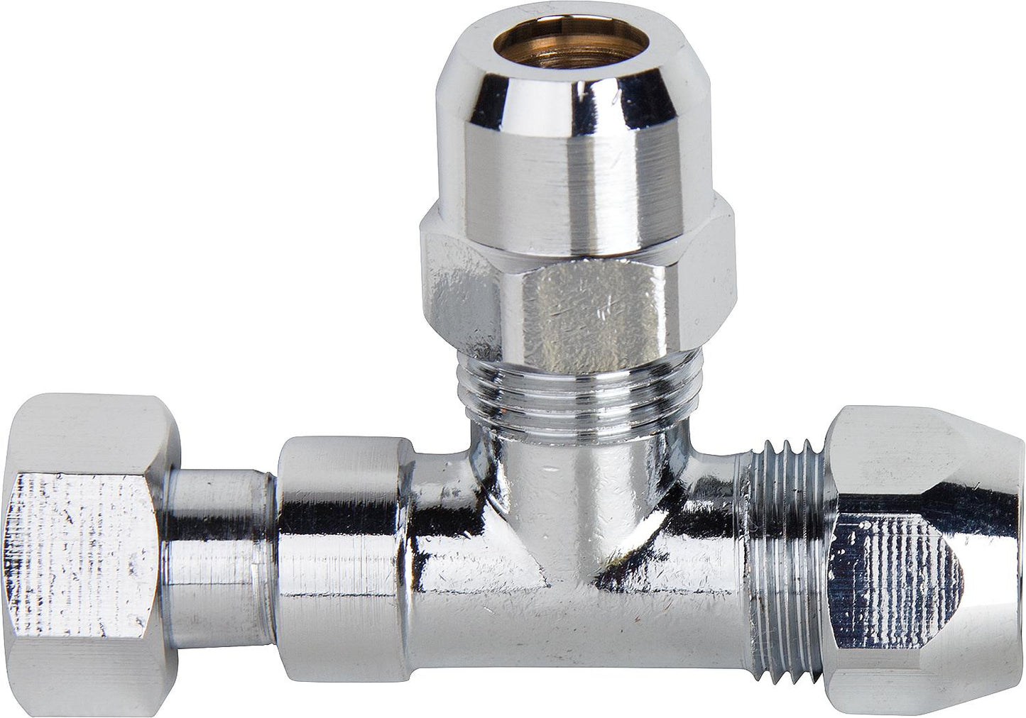 Chrome-plated T-fitting with rotatable union nut, DN10 (3/8") x 10 mm