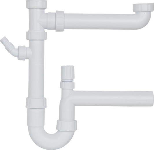 Siphon double pour évier, en plastique, avec aérateur de tuyau