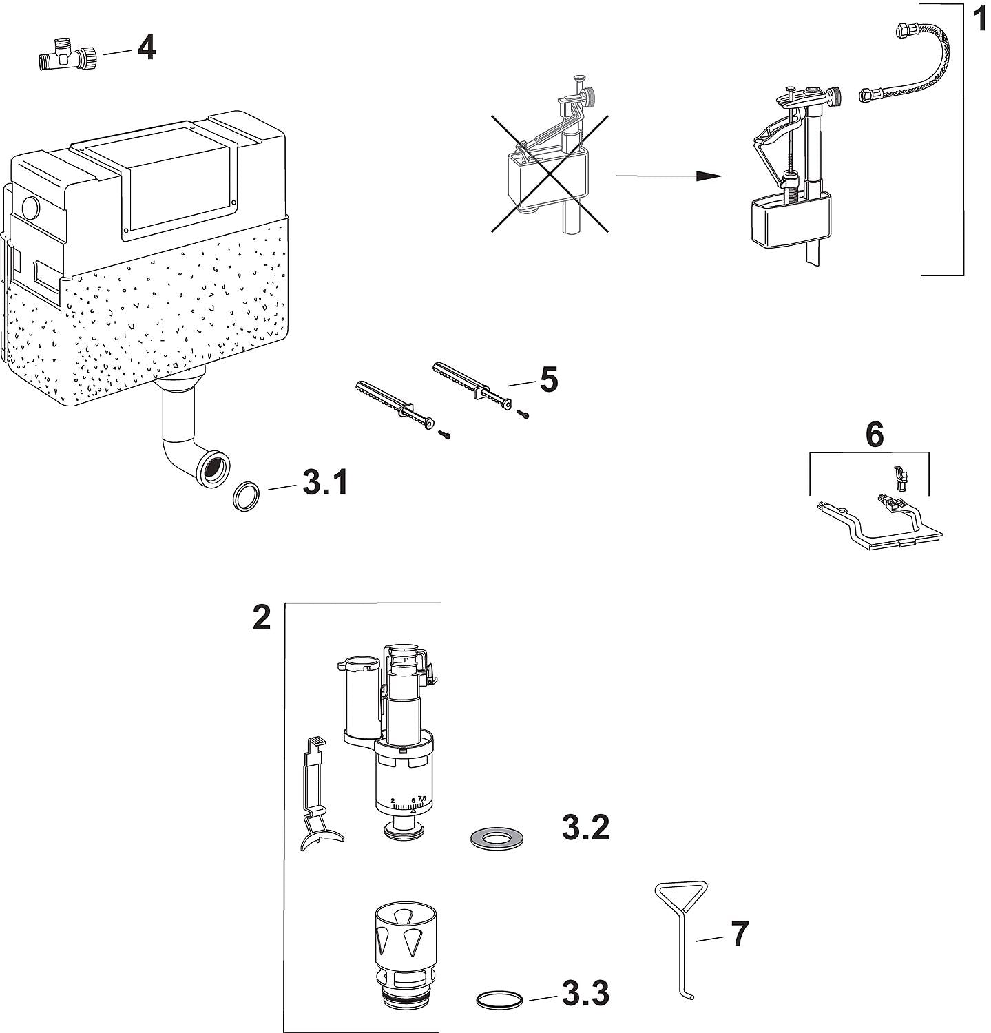Drain valve set, contents: fill valve holder, drain valve retainer, drain basket