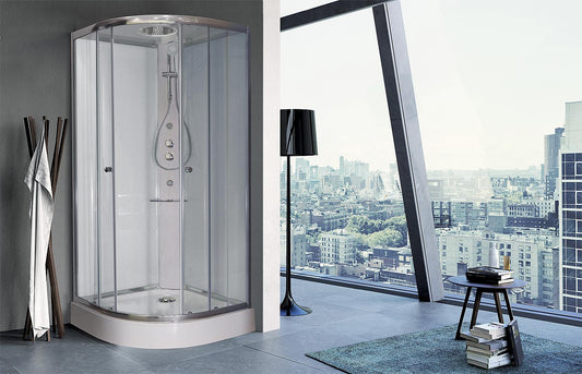 Komplettdusche Shower Viertelkreis, 2 Schiebetüren und 2 Glas-Fixteile mit Kopfbrause