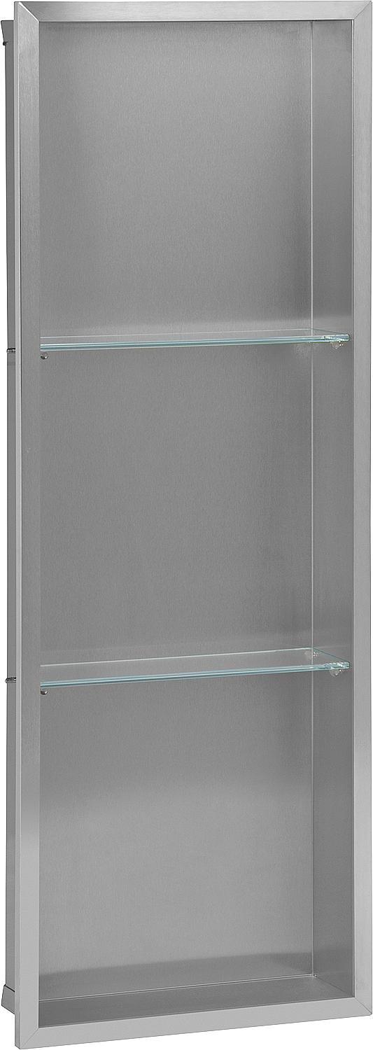 Wall niche, white glass back panel, depth 150mm, WxH: 323x925mm with 2 compartments