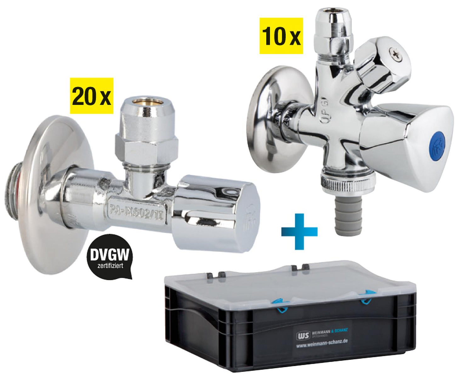 Offre spéciale : ensemble comprenant des vannes sanitaires, des vannes d’arrêt, des vannes d’arrêt combinées et un coffret de transport WS offert.